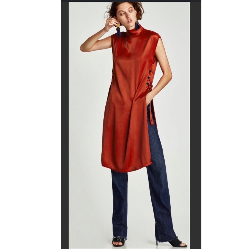 Zara Woman Rust Orange‎ Satin Lace Up Side Slit Longline Tunic Top Large